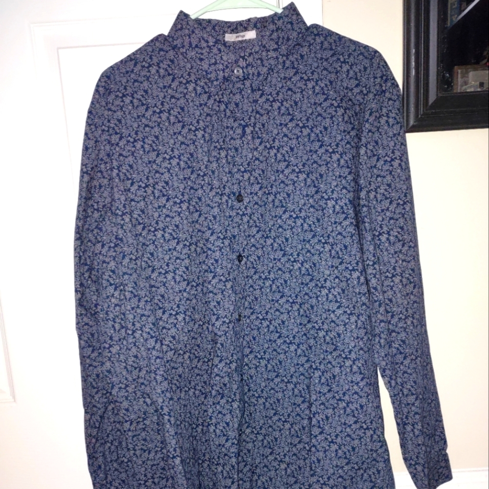 Express Blue Button Down with Floral Pattern